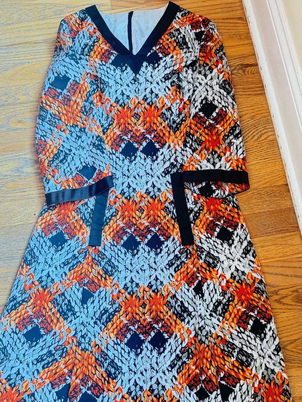 Vintage 70s Maxi Dress Gray Black Orange Geometric Print Small
